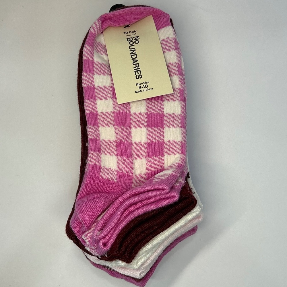No Boundaries Womens 10 Pair Low Cut Socks Pink Gingham Floral Shoe Size 4-10
